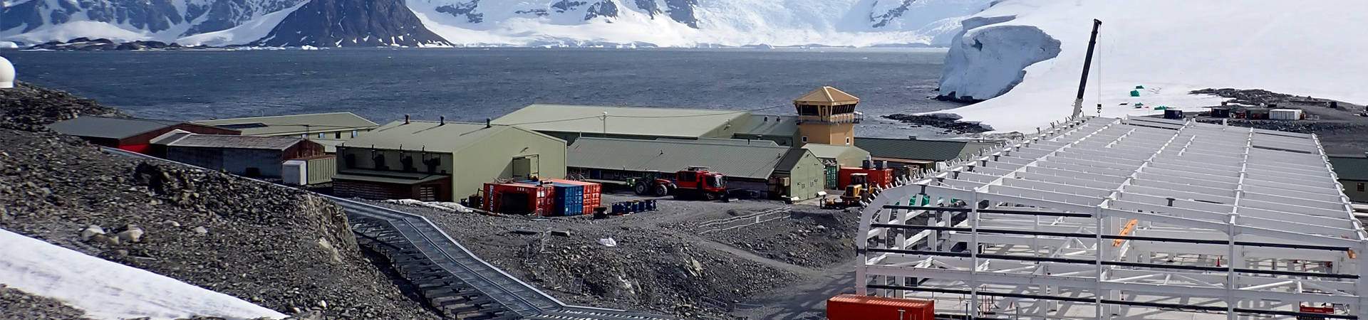 Steelwork near glacier and snow